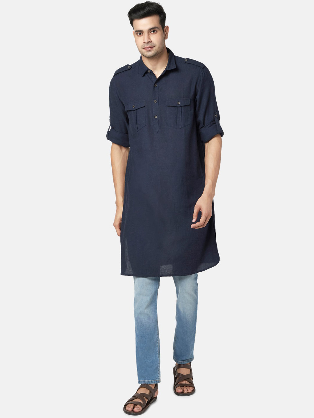indus route by Pantaloons Men Blue Pathani Solid Kurta