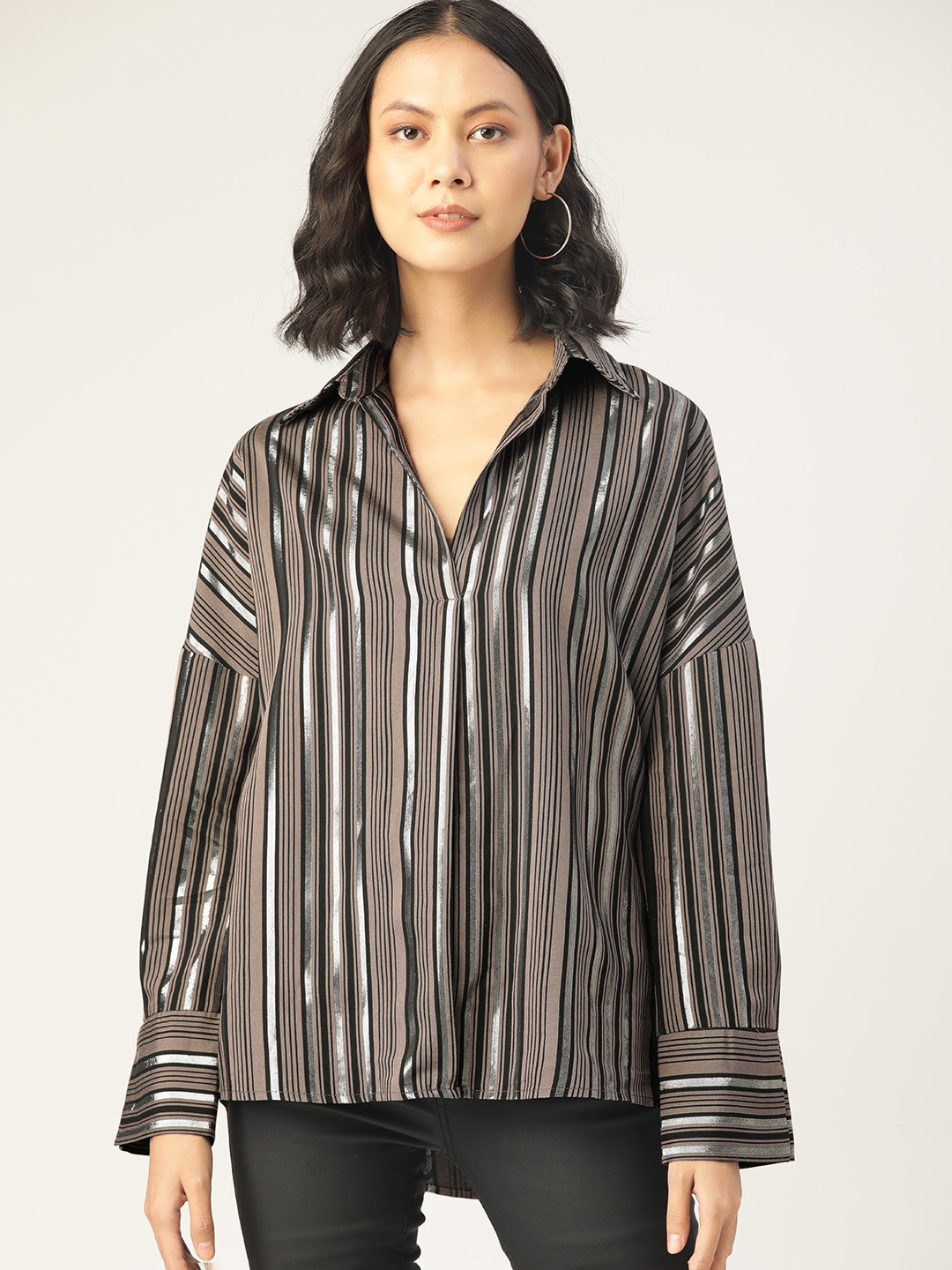 Koton Taupe & Black Striped Drop-Shoulder Sleeves Shirt Style Top
