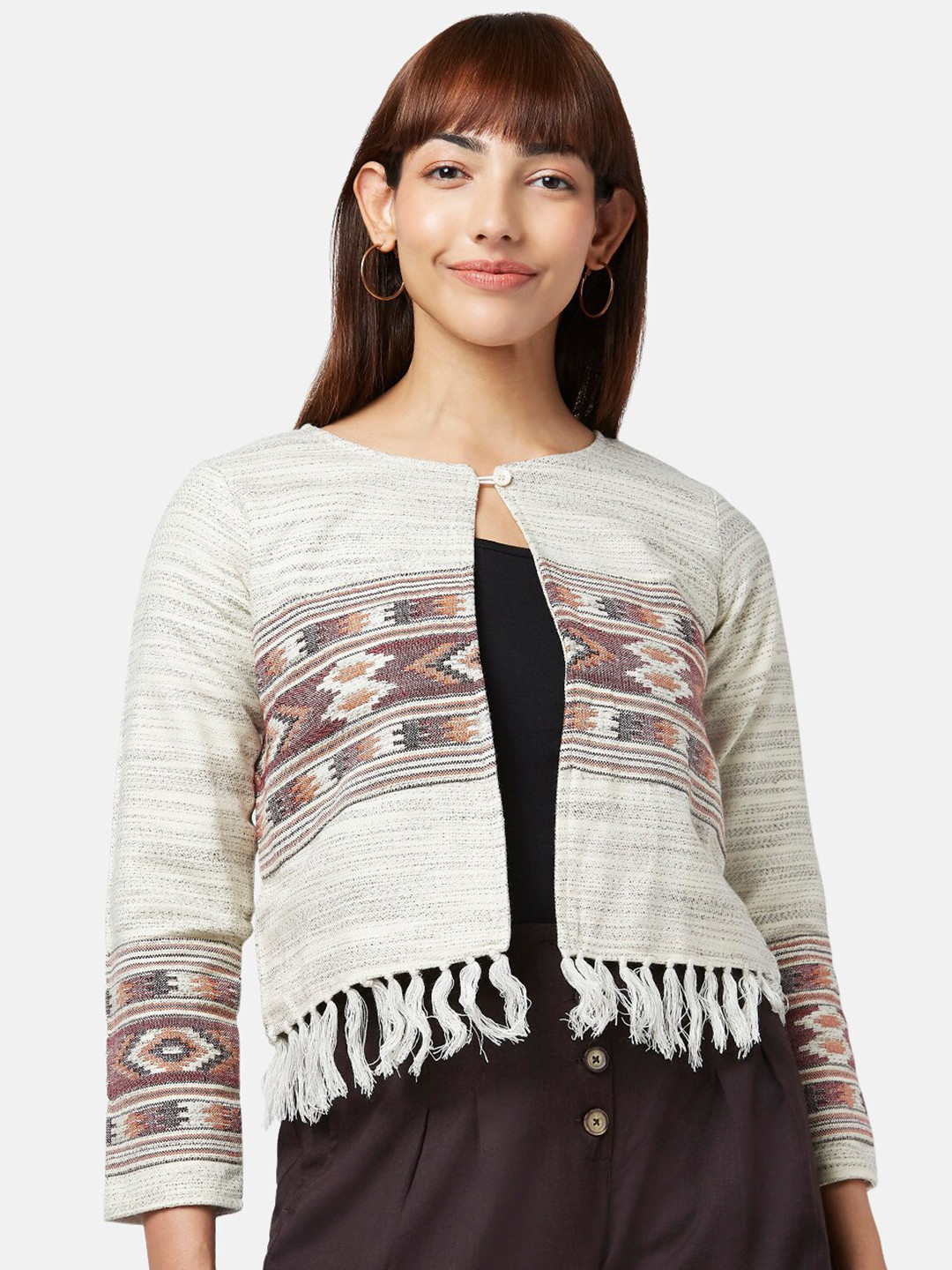 AKKRITI BY PANTALOONS Women Off White & Brown Tasselled Crop Button Shrug