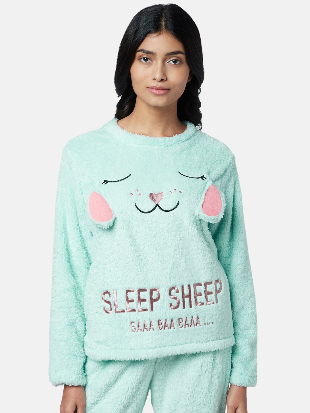 Dreamz by Pantaloons Women Sea Green & Pink Typography Printed Pullover