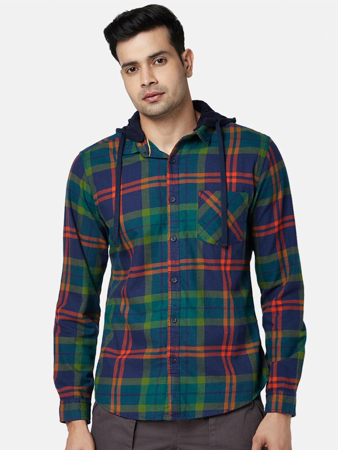 Urban Ranger by pantaloons Men Green Slim Fit Tartan Checked Cotton Casual Shirt