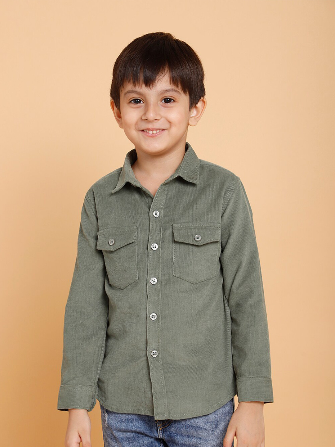 PICCOLO Boys Olive Green Solid Cotton Casual Shirt