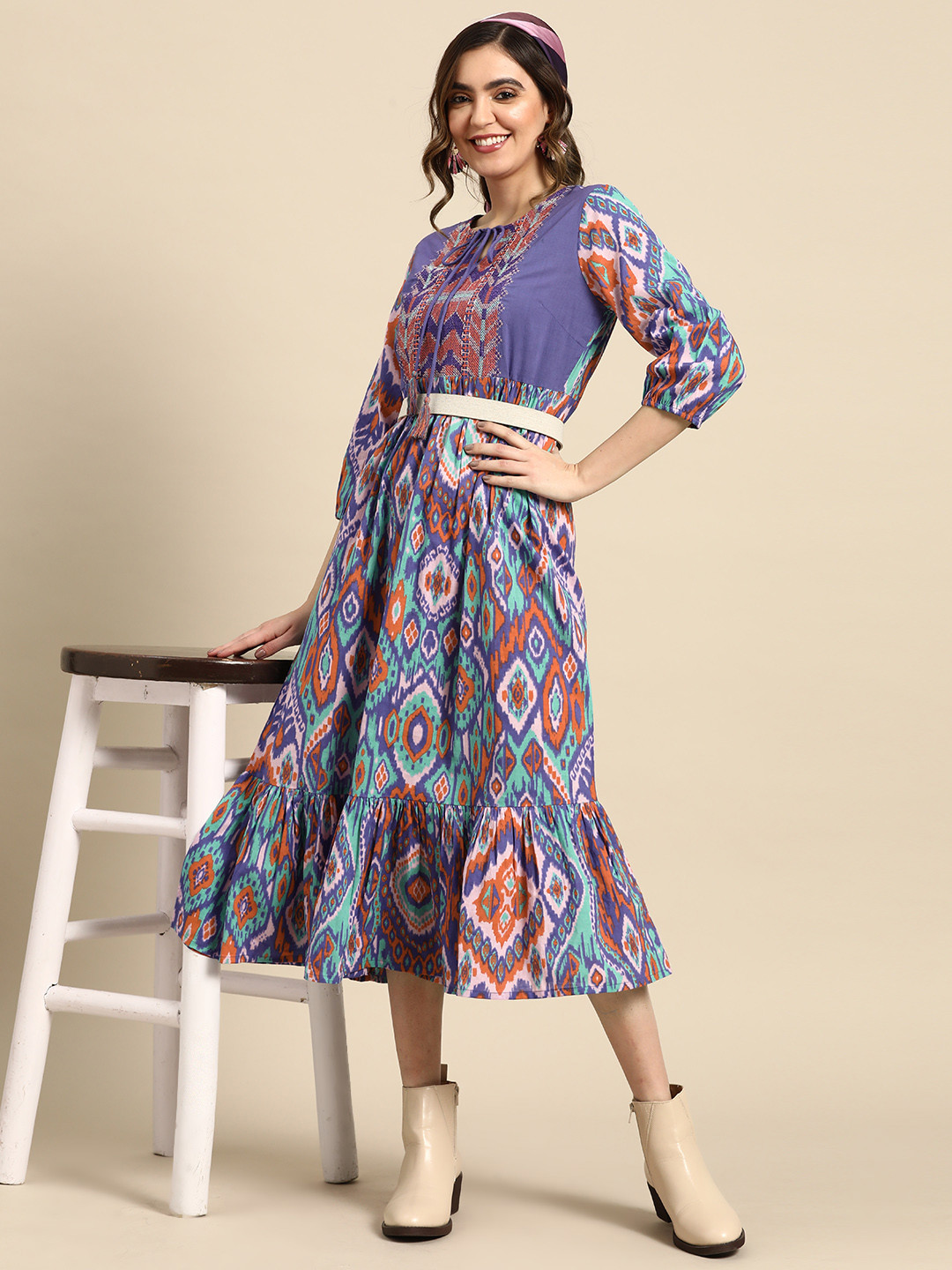 Sangria Cotton Tie-Up Neck Thread Work Printed Midi Dress