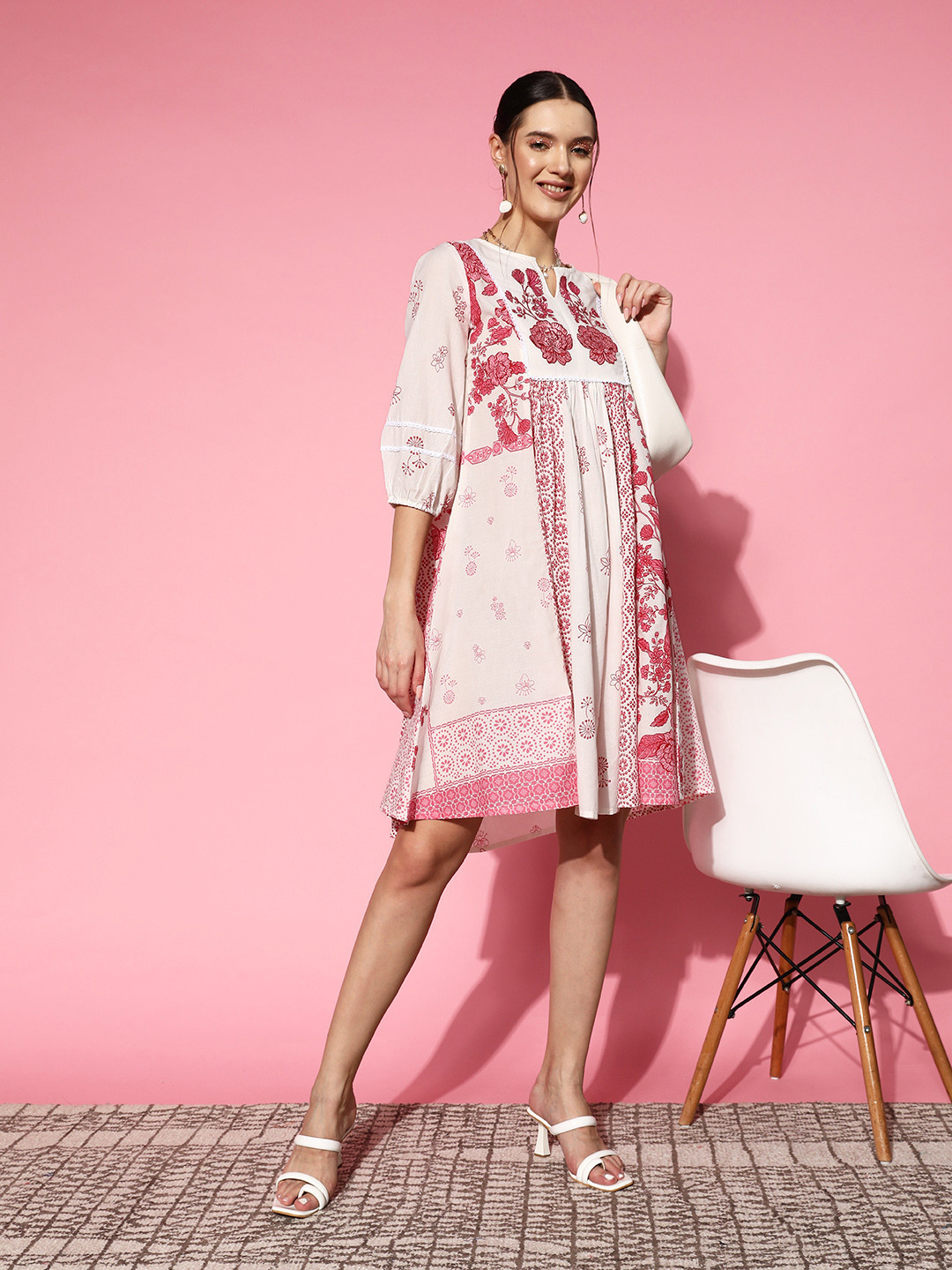 Sangria Serene White Pure Cotton Ethnic Floral Print Fit & Flare Dress