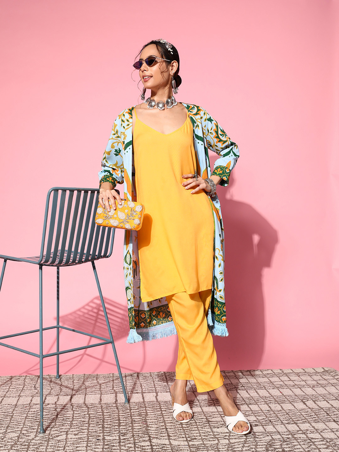 Sangria Bright Yellow Solid Layered Kurta with Trousers & Longline Jacket