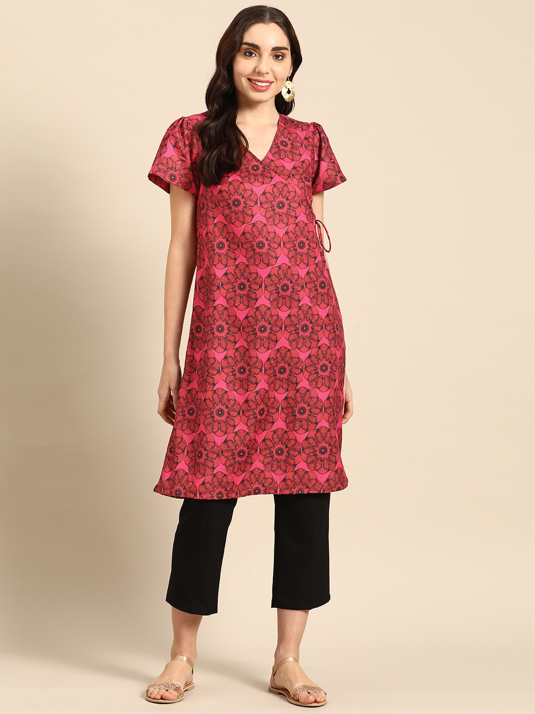 Sangria Floral Print V-Neck Tie-Up Detail Angrakha Kurta