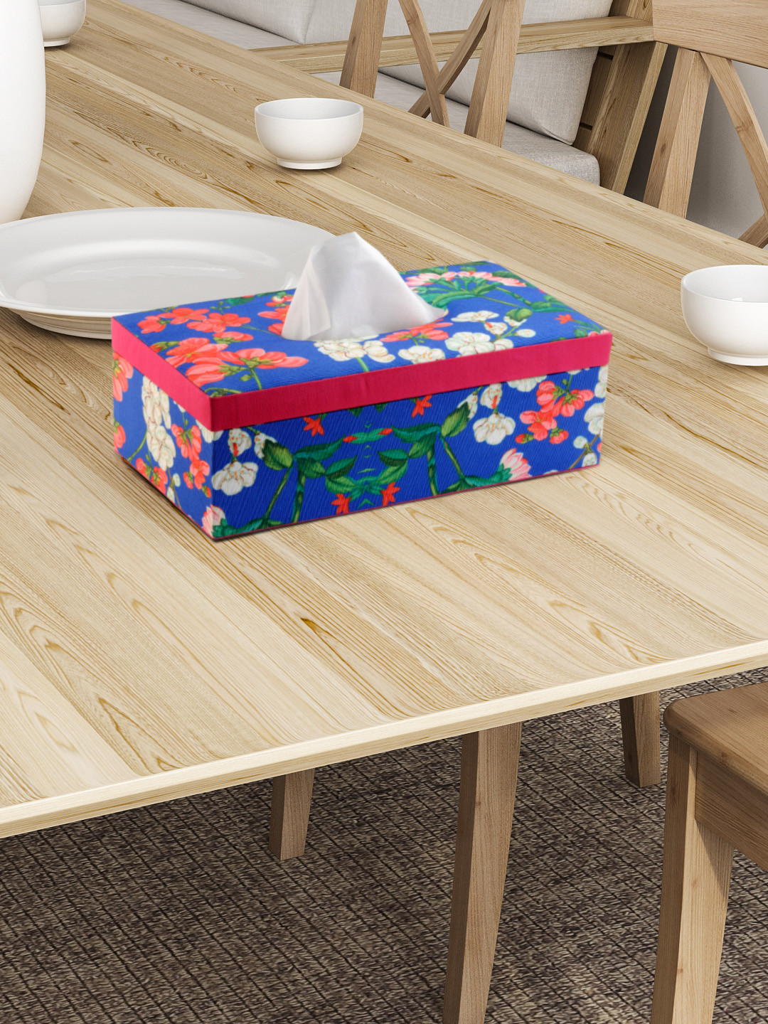 SEJ by Nisha Gupta Blue Floral Print Wooden Tissue Paper Box