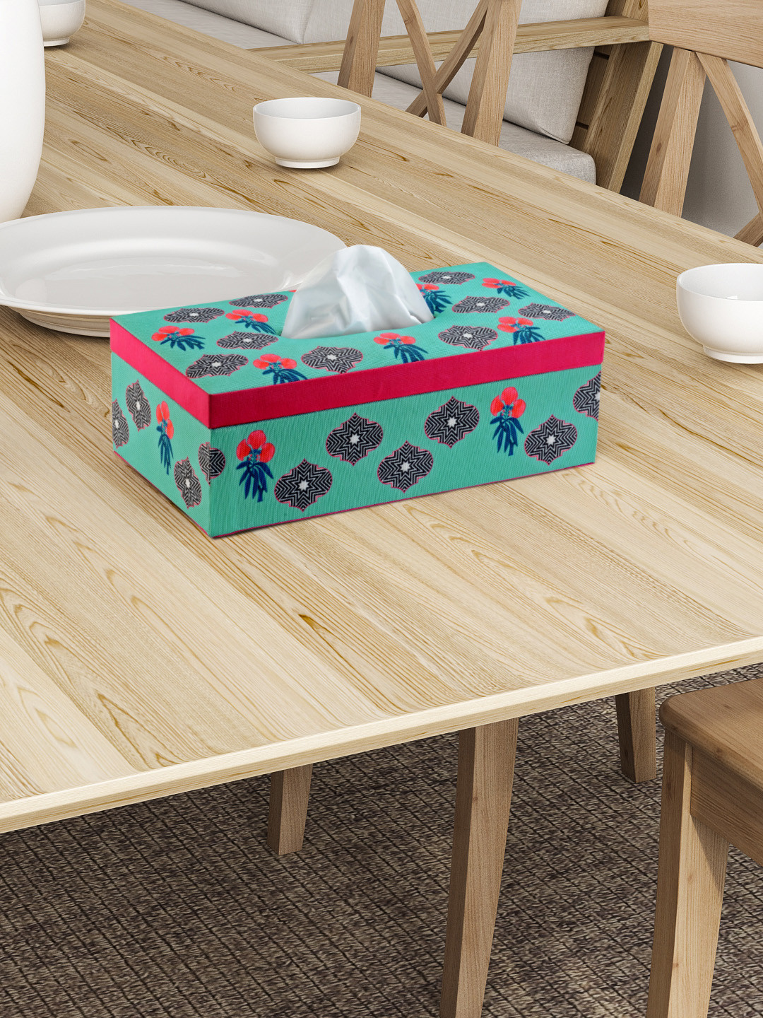 SEJ by Nisha Gupta Blue Printed Wooden Tissue Paper Box