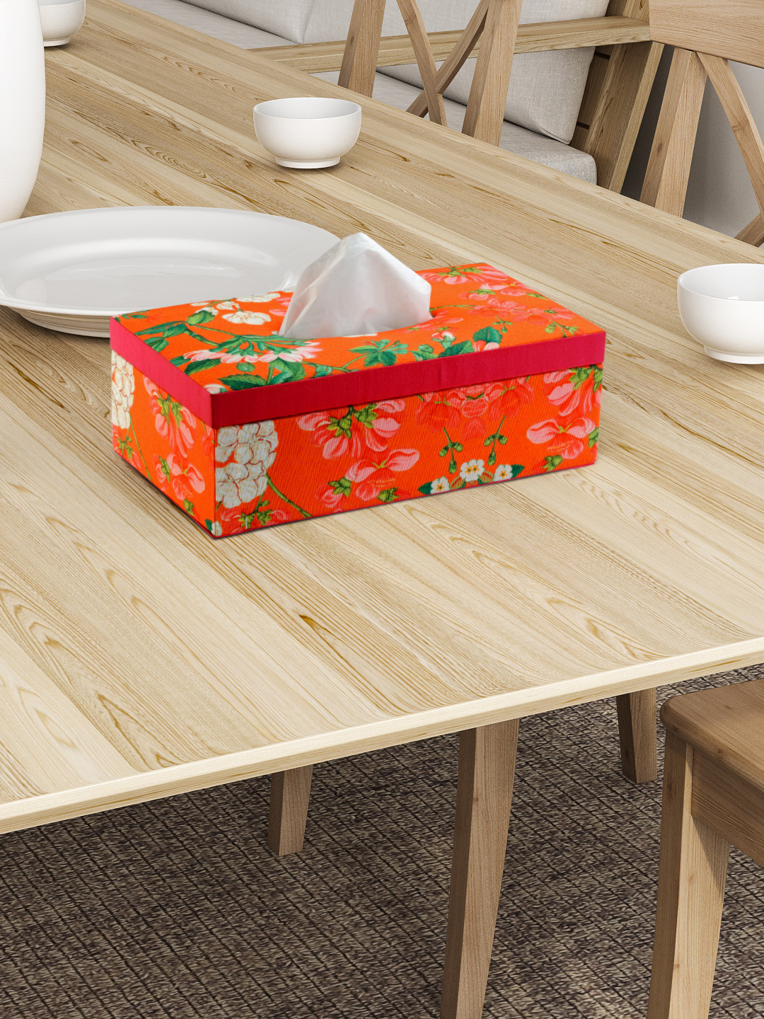 SEJ by Nisha Gupta Orange Floral Print Wooden Tissue Paper Box