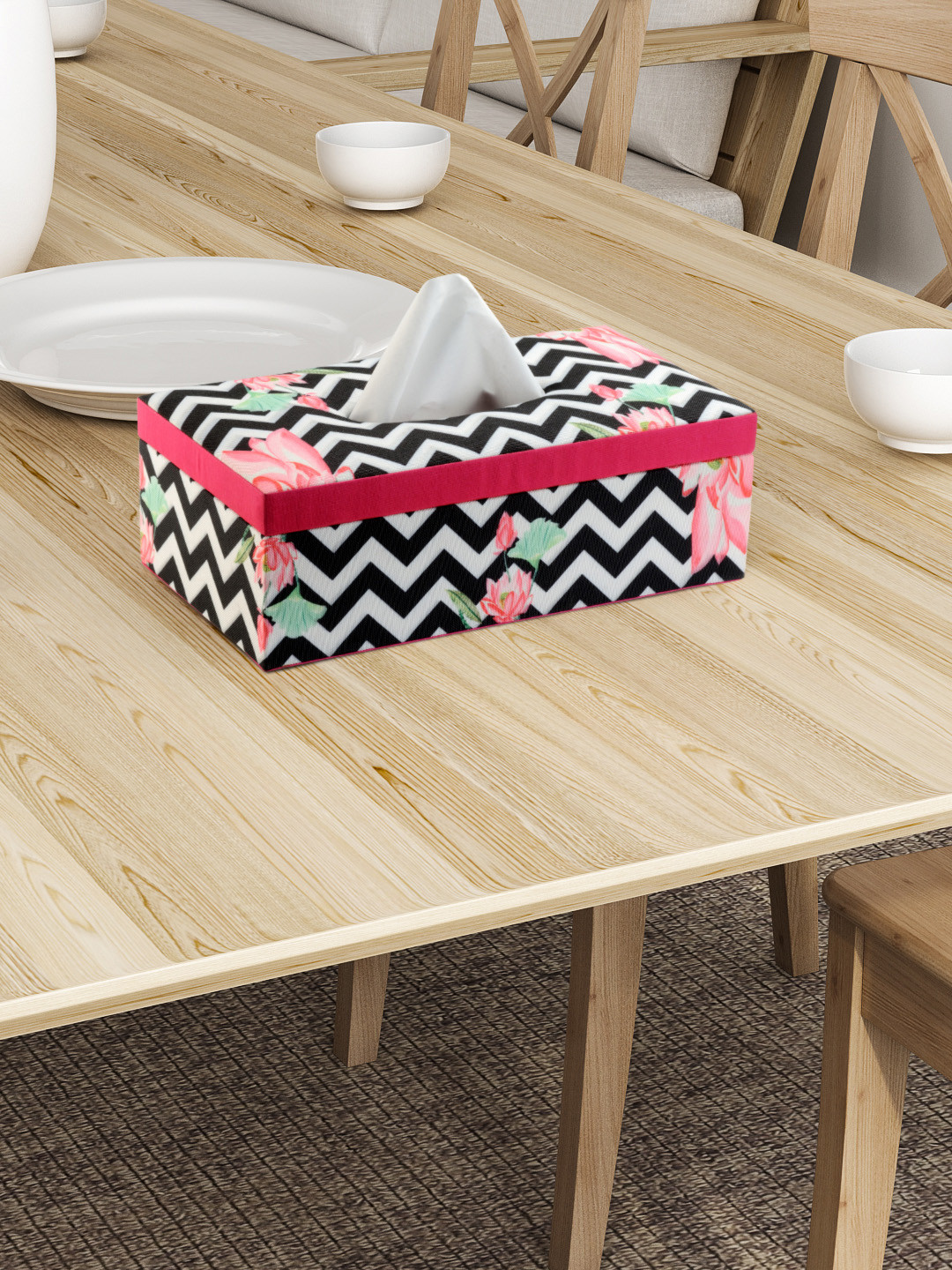 SEJ by Nisha Gupta White & Black Printed Wooden Tissue Paper Box