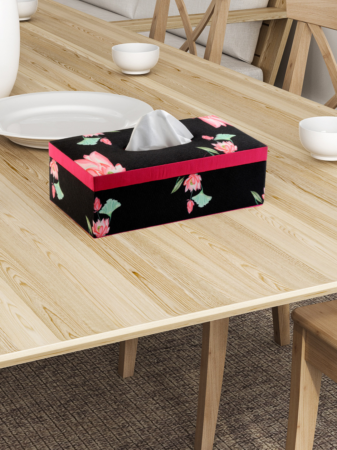 SEJ by Nisha Gupta Black Printed Wooden Tissue Paper Box