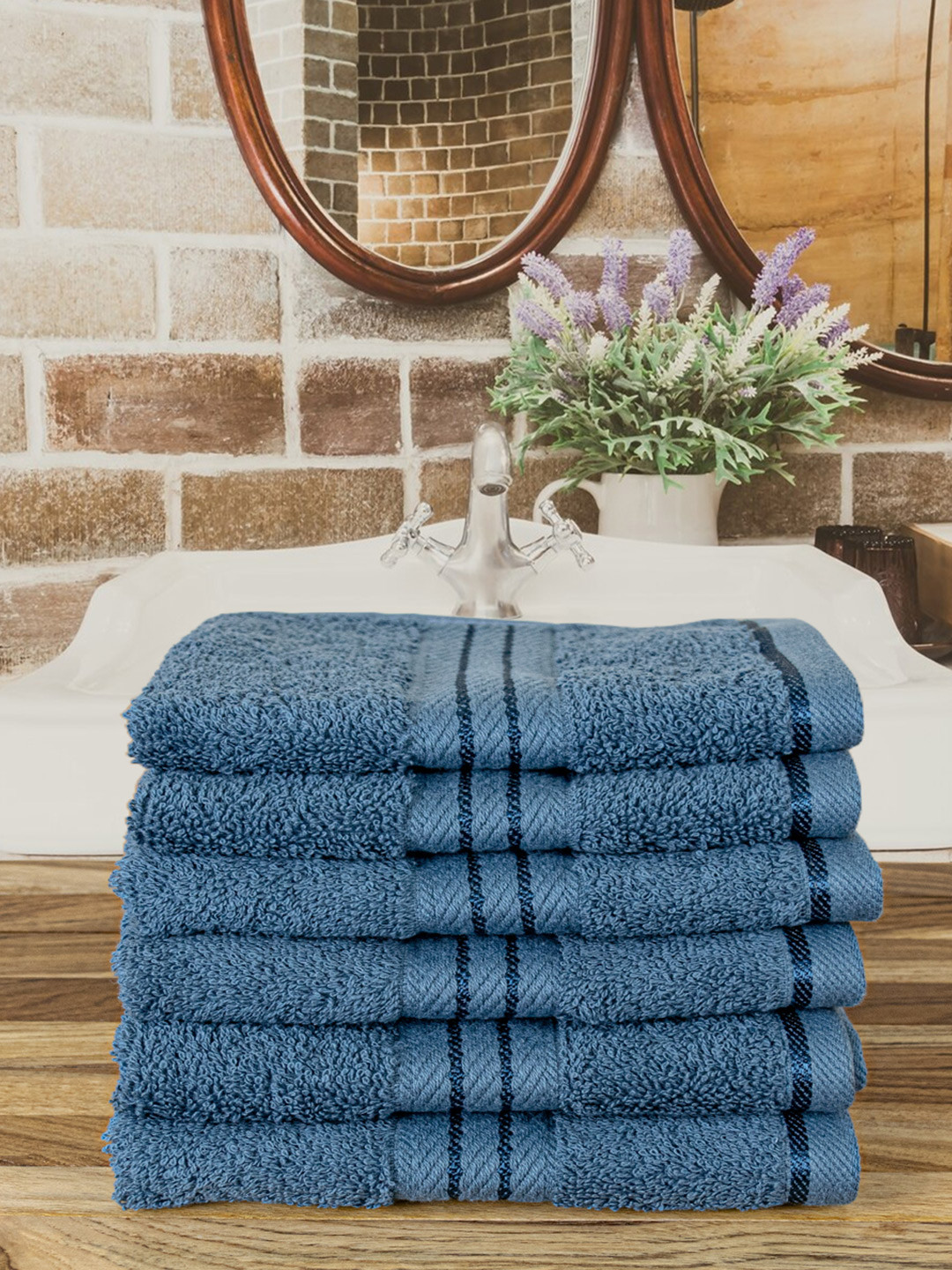 RANGOLI Set Of 6 Blue Solid 600GSM Pure Cotton Face Towels