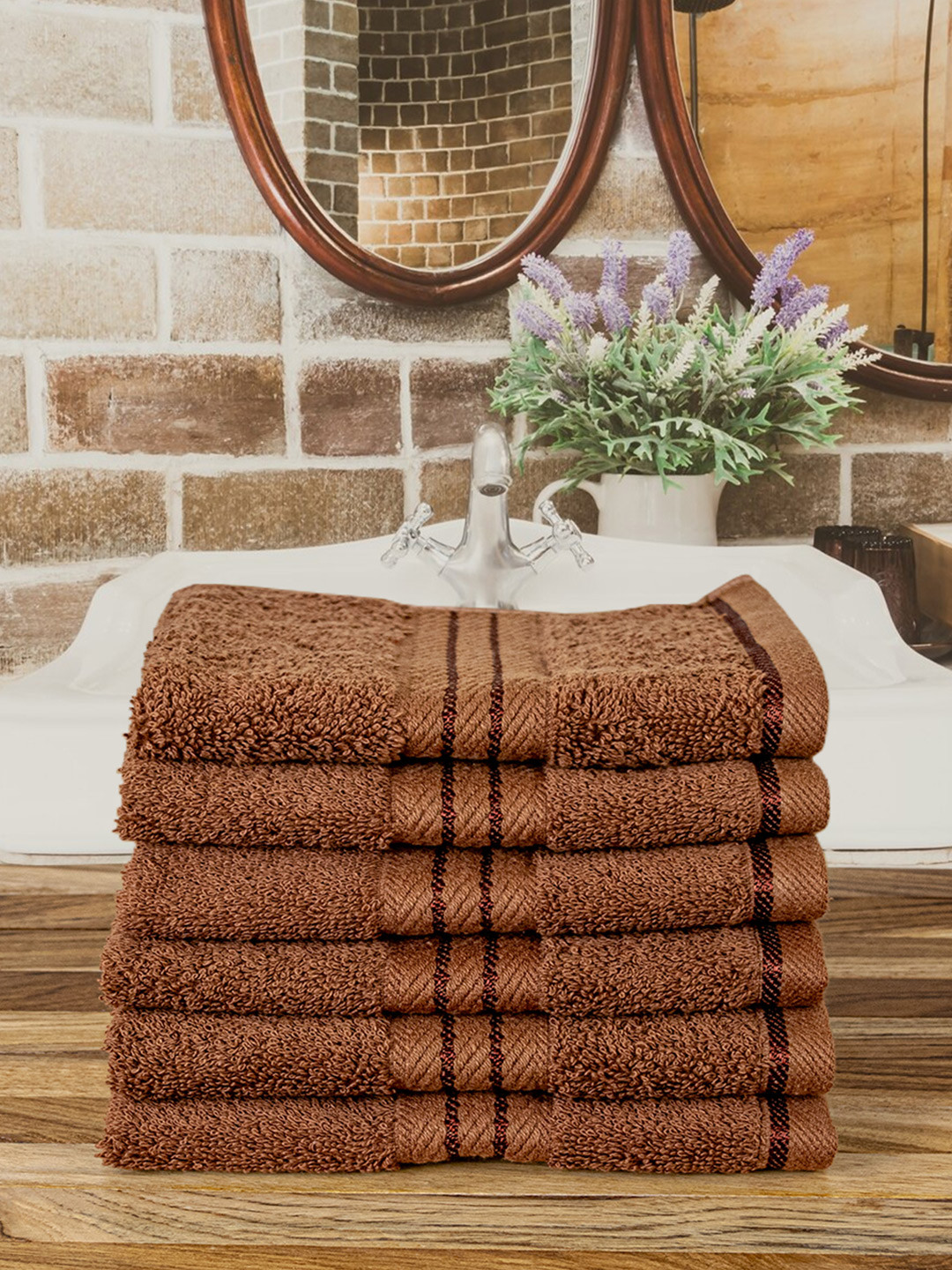 RANGOLI Set of 6 Brown Solid Pure Cotton Face Towels