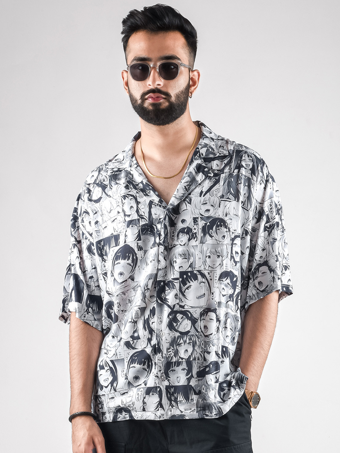 COMICSENSE Men Grey Relaxed Boxy Fit Anime Printed Ahegao Oversized Hawaiian Shirt