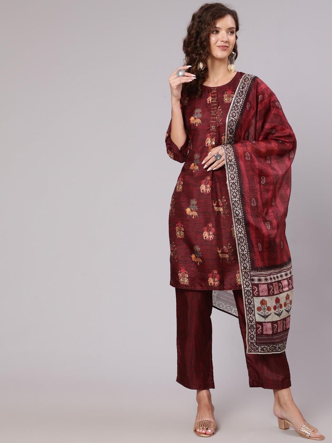 Jaipur Kurti Women Maroon Floral Printed Kurta with Trousers & With Dupatta