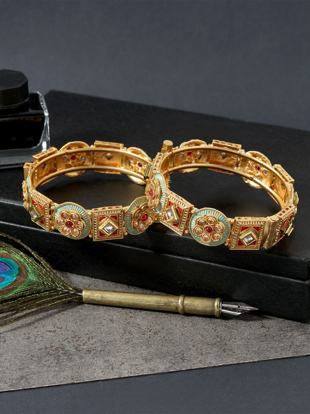AccessHer Set of 2 Gold-Plated Red & White Stones-Studded & Beaded Rajwadi Style Bangles