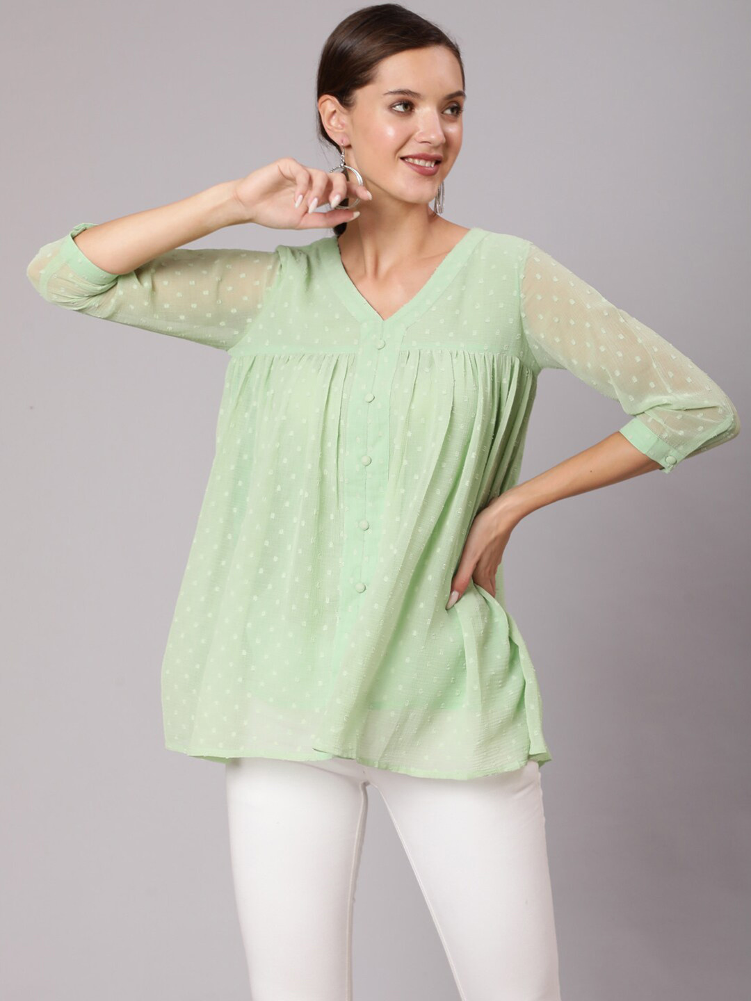 Jaipur Kurti Green Self Design Chiffon Top