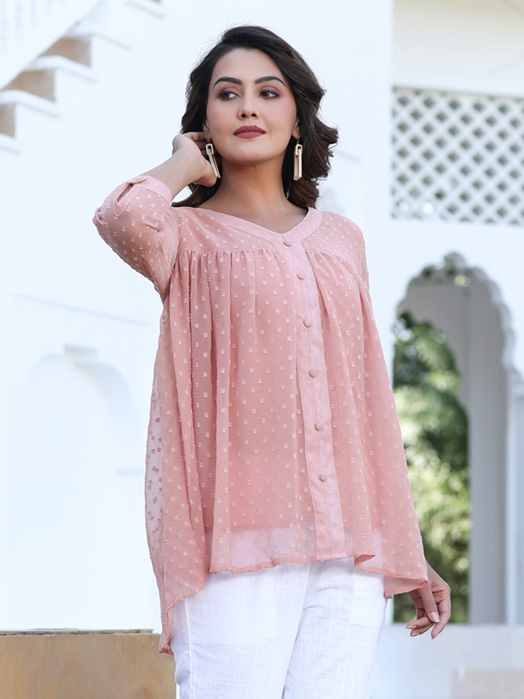 Jaipur Kurti Peach-Coloured Self Design Chiffon Top