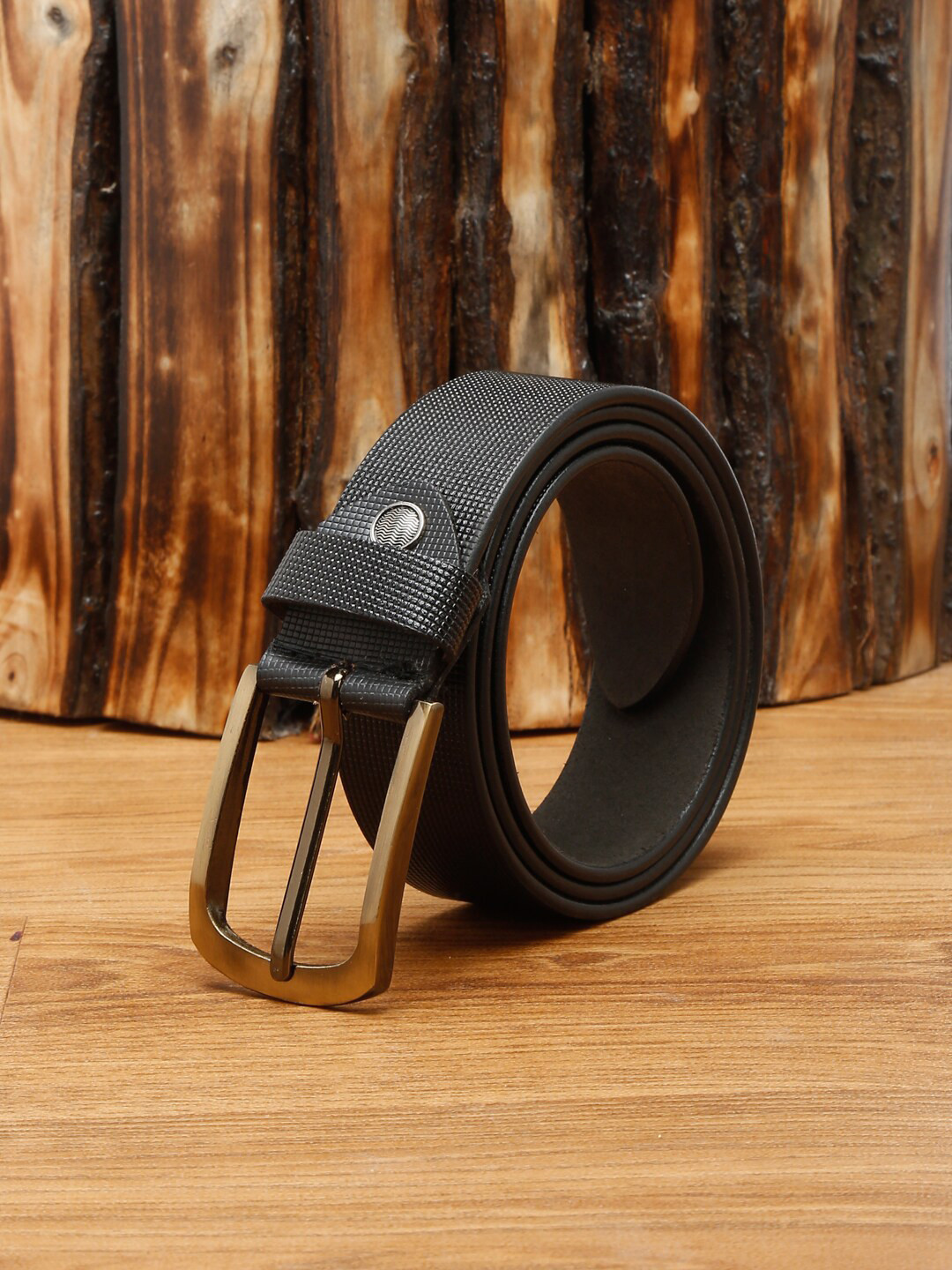 MUTAQINOTI Men Black Textured Leather Formal Belt