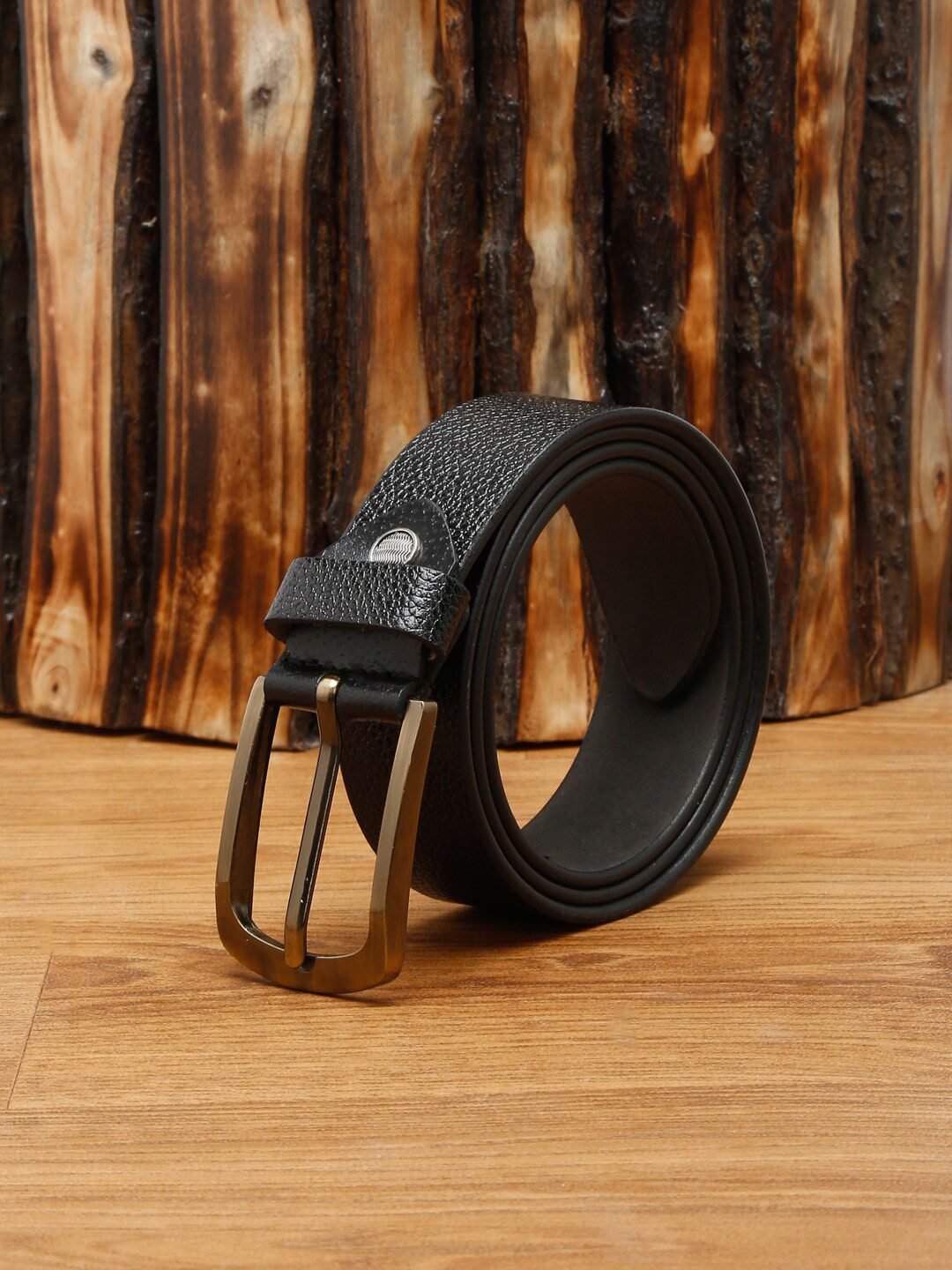 MUTAQINOTI Men Black Textured Leather Formal Belt