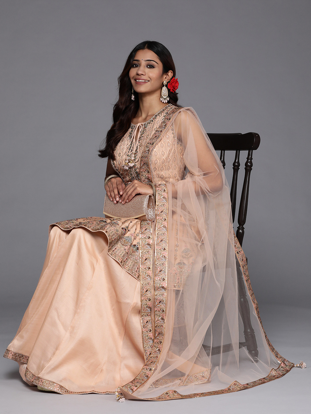 Libas Women Peach-Coloured Floral Embroidered Sequinned Pure Silk Kurta with Palazzos & With Dupatta