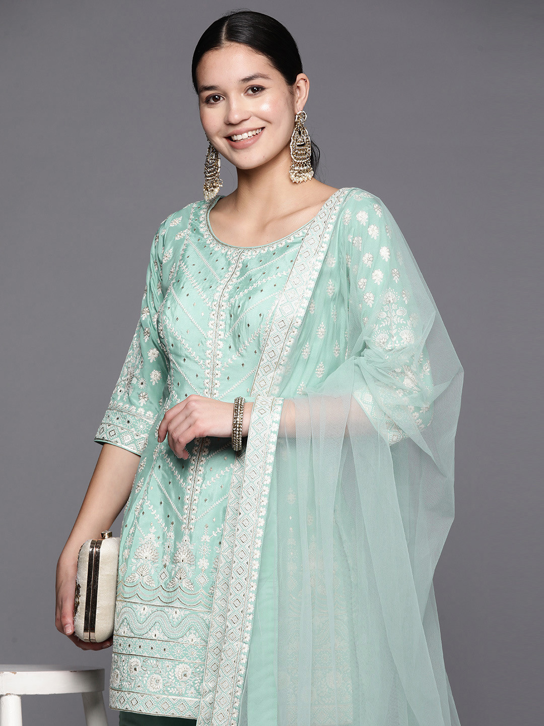 Libas Women Ethnic Motifs Embroidered Pure Silk Kurti With Sharara & Dupatta
