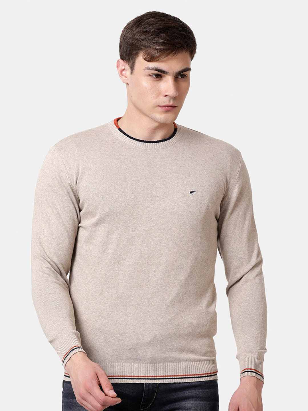 t-base Men Cream-Coloured & Black Cotton Pullover Sweater