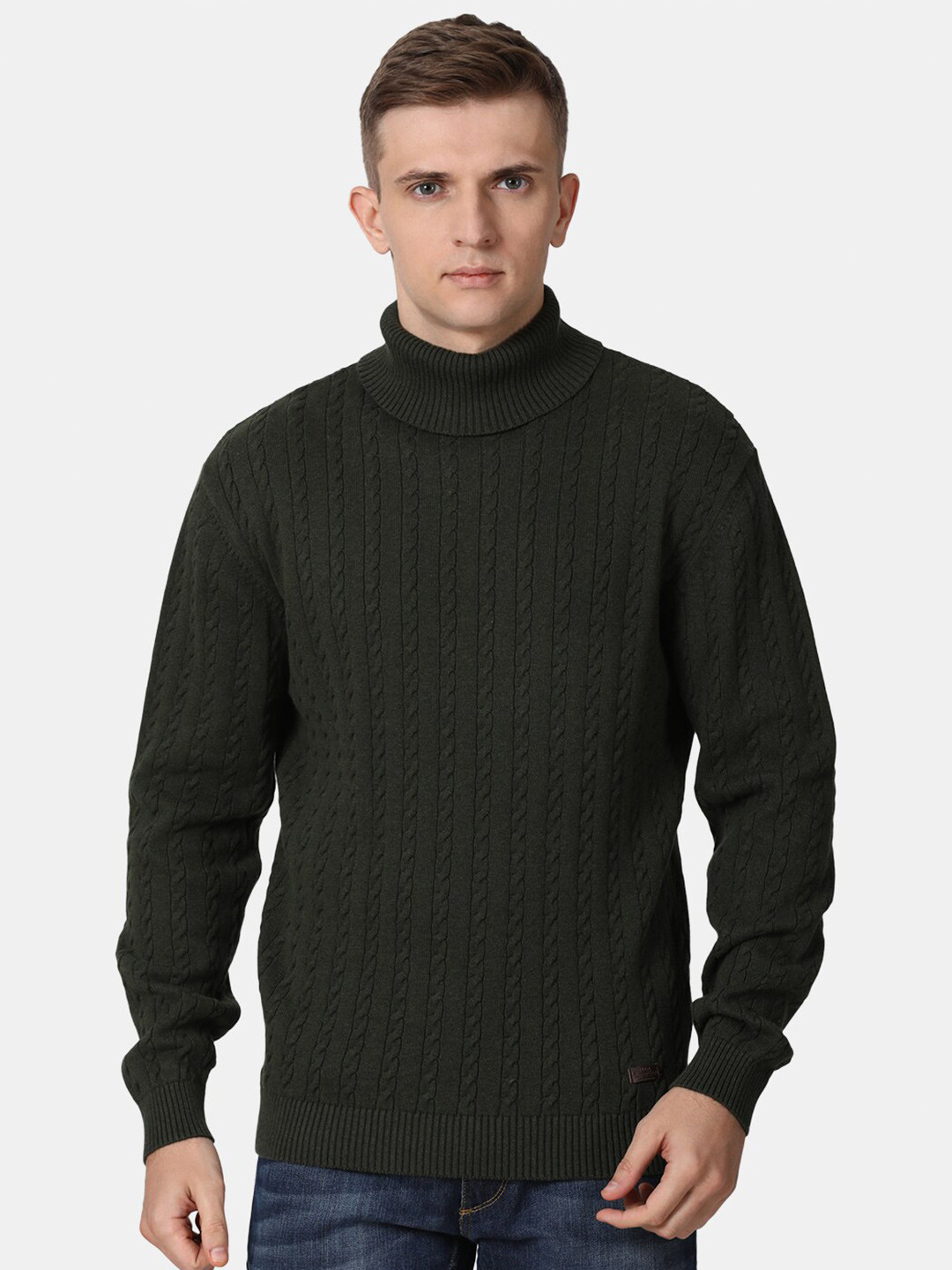 t-base Men Green Cable Knit Cotton Pullover Sweater