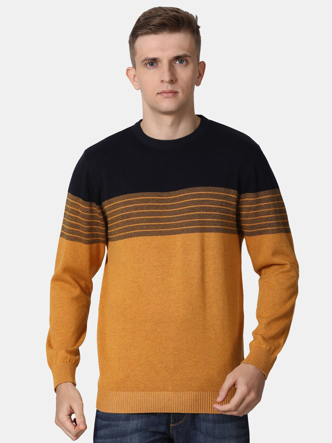 t-base Men Yellow & Black Striped Cotton Pullover Sweater