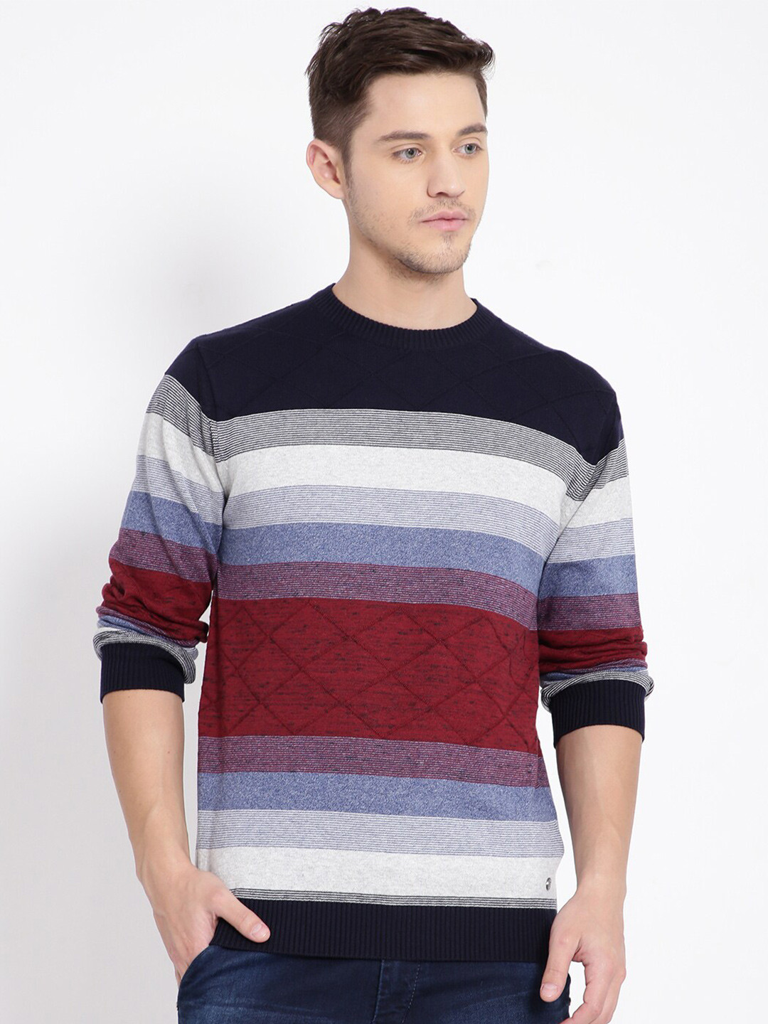 t-base Men Red & Black Cotton Striped Pullover Sweater