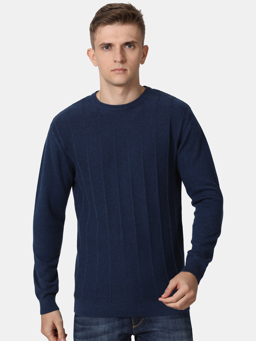 t-base Men Navy Blue Ribbed Cotton Pullover  Sweater