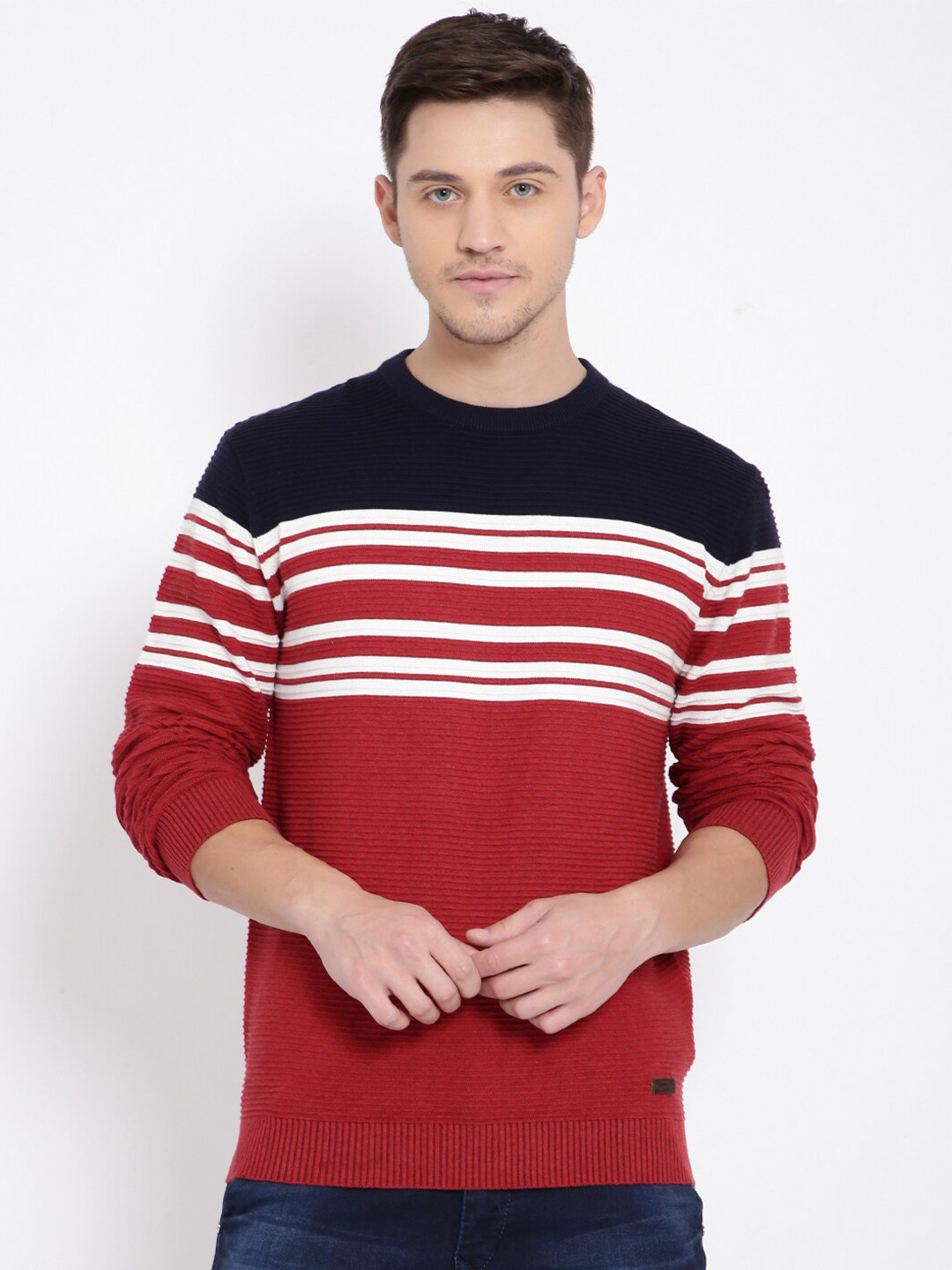 t-base Men Red & Blue Striped Cotton Pullover