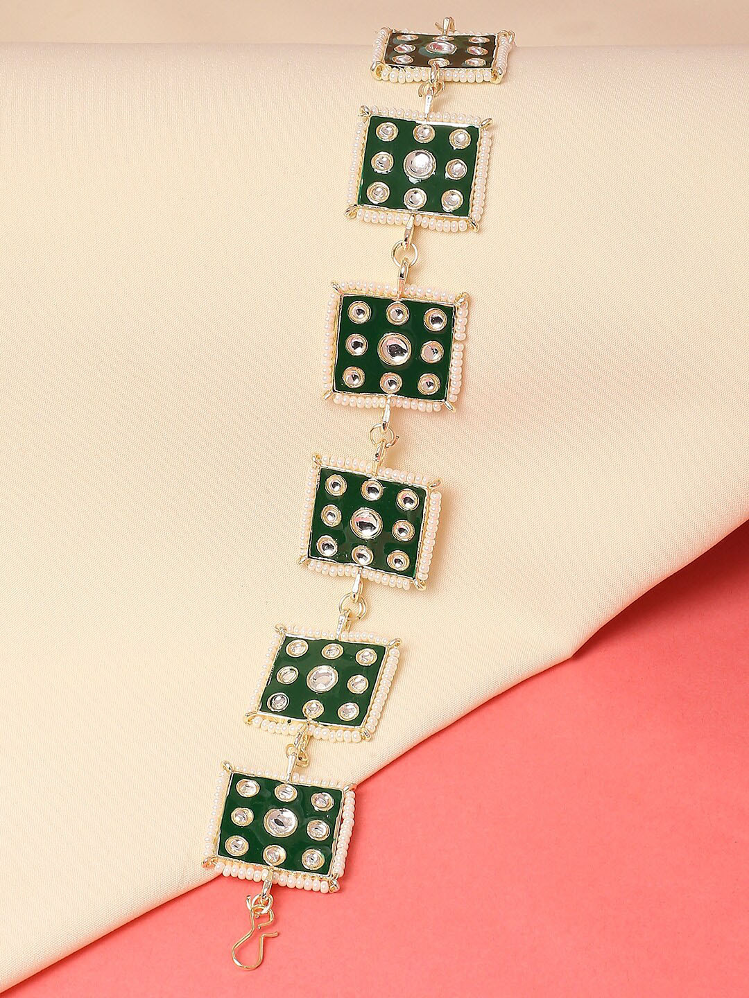 OOMPH Gold-Toned Green Enamel & Kundan Beads Studded Head Jewellery