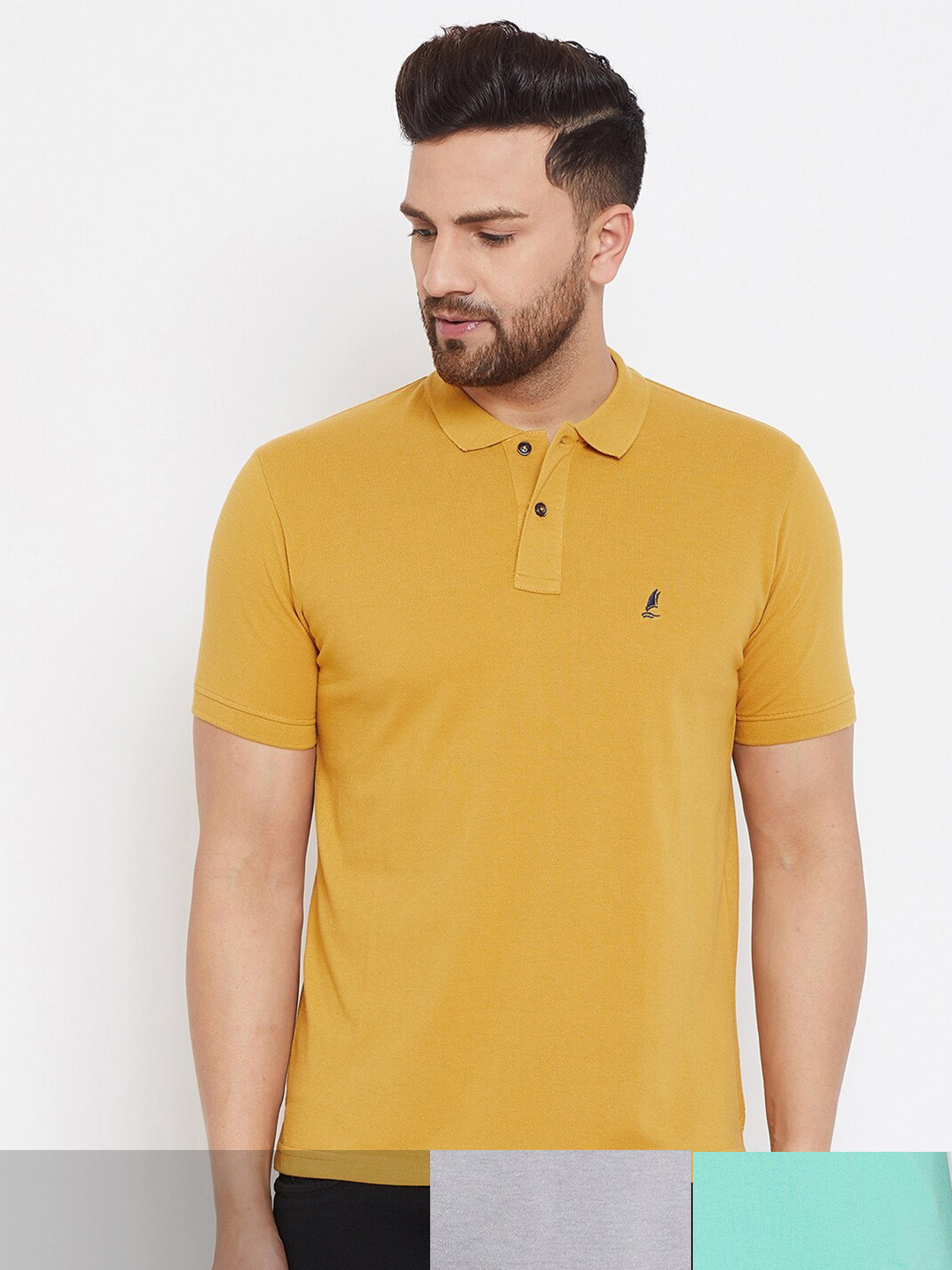 HARBOR N BAY Men Mustard Yellow & Sea Green Pack of 3 Cotton Polo Collar T-shirt