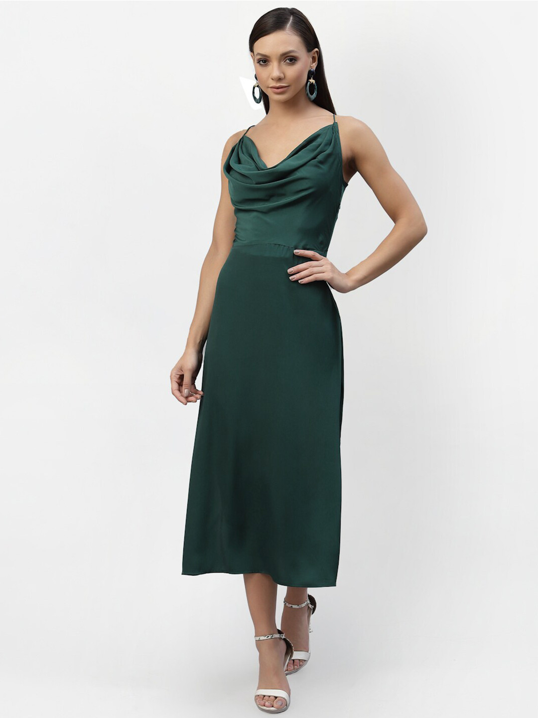 aayu Women Green Cowl Neck Satin A-Line Midi Dress