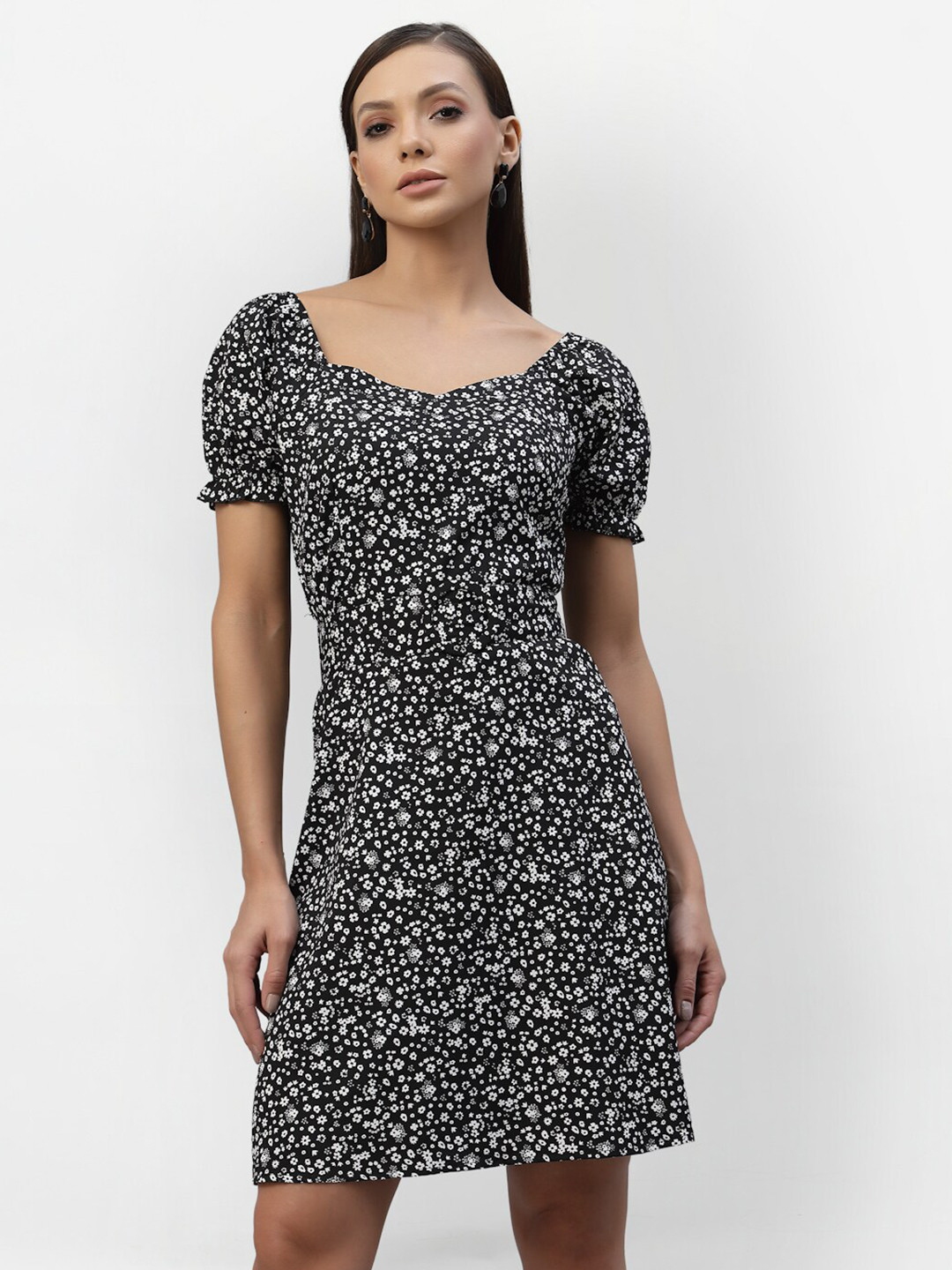 aayu Women Black Floral Crepe A-Line Dress