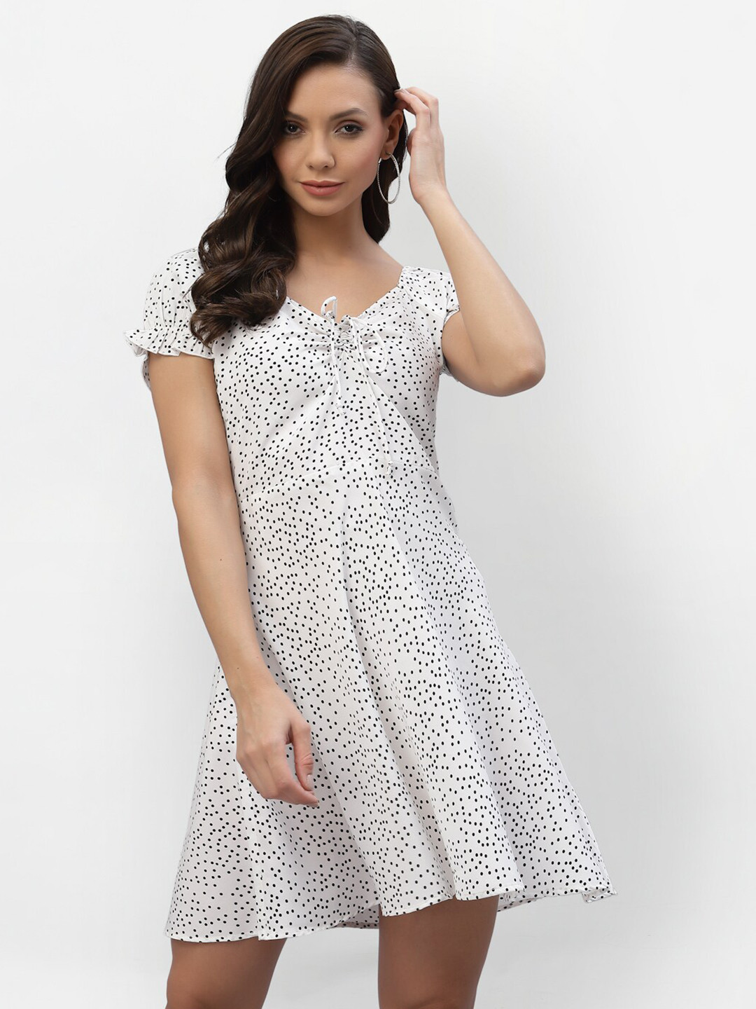 aayu Women White Crepe Polka Dots A-Line Dress