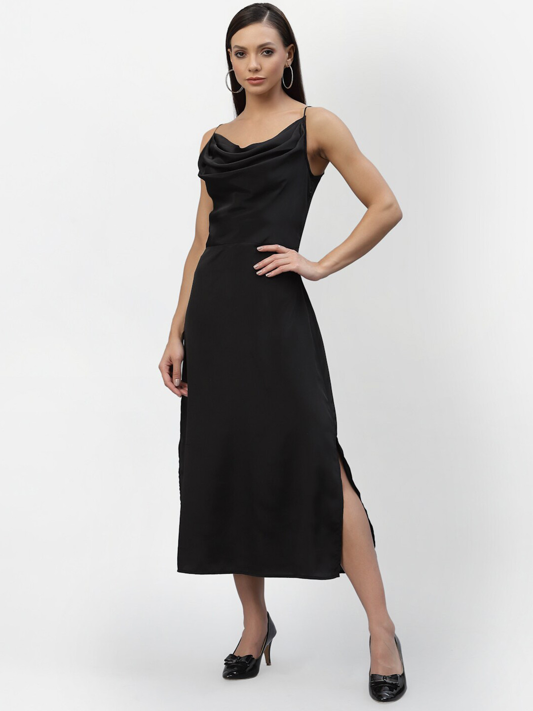 aayu Women Black Cowl Neck Satin A-Line Midi Dress