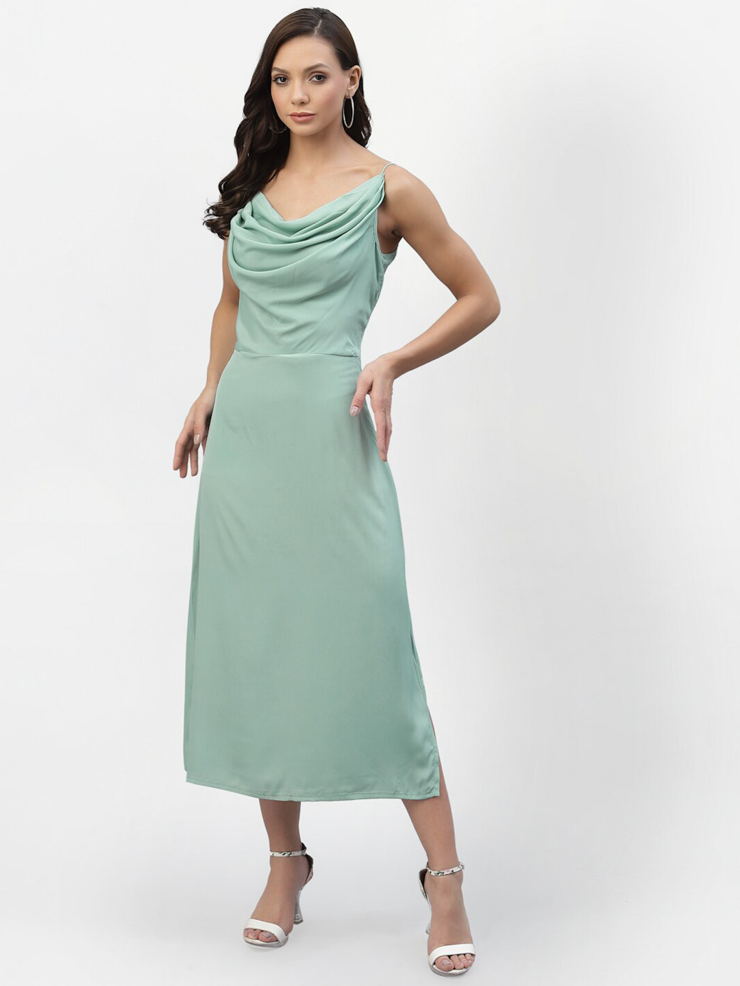 aayu Women Lime Green Cowl Neck Satin A-Line Midi Dress