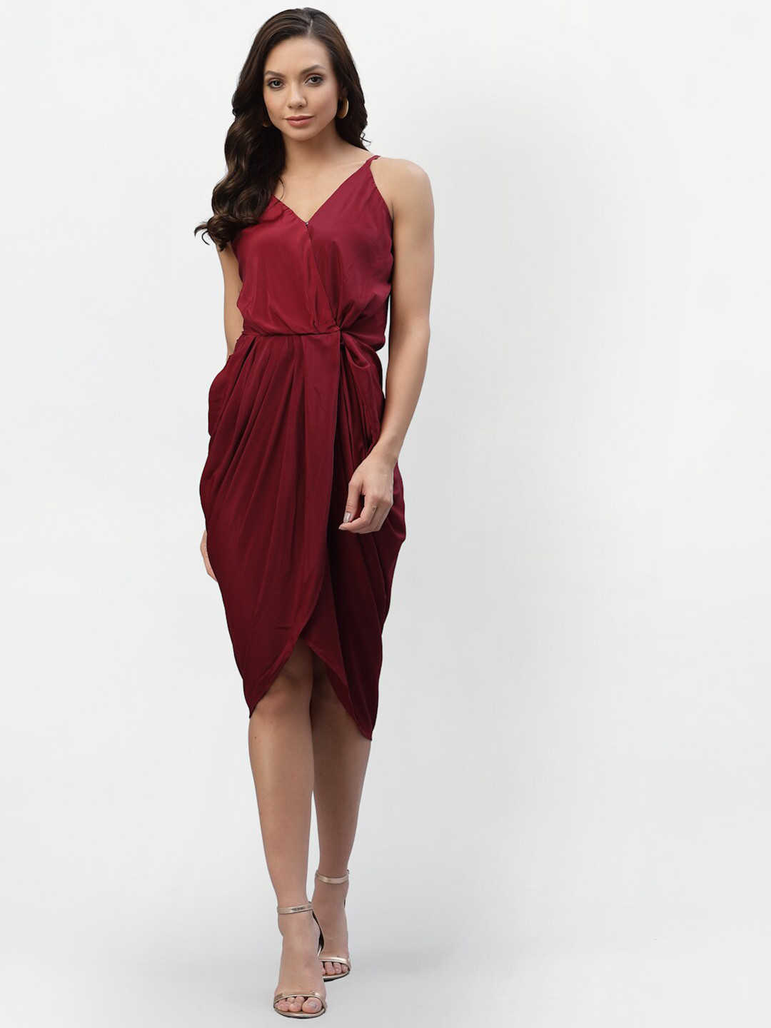 aayu Women Maroon Satin Drape Dress