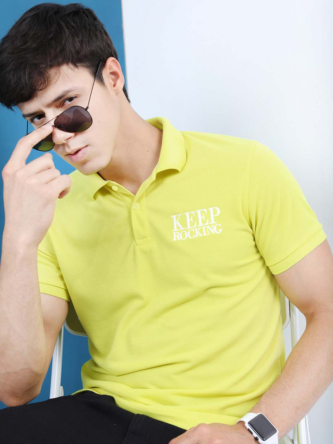 HIGHLANDER Men Lime Green Polo Collar Slim Fit T-shirt