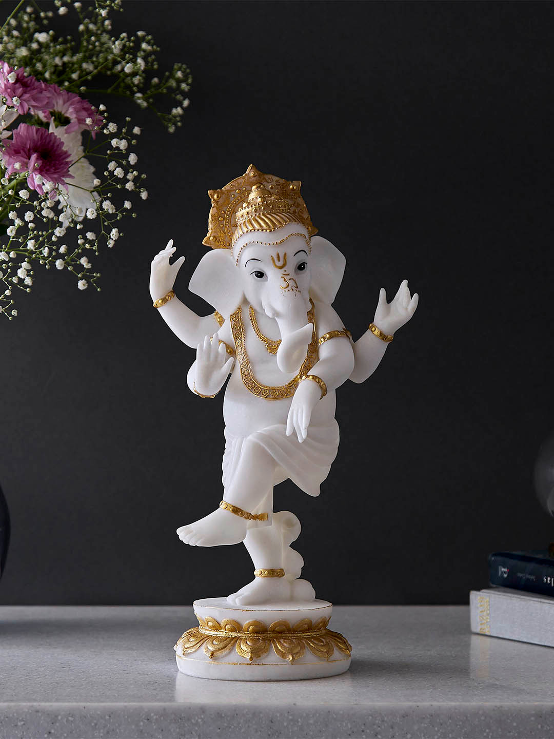 Home Centre Dancing Pose Ganesha White Polyresin Glossy Living Room Tiny Showpiece - 12.6 Inches