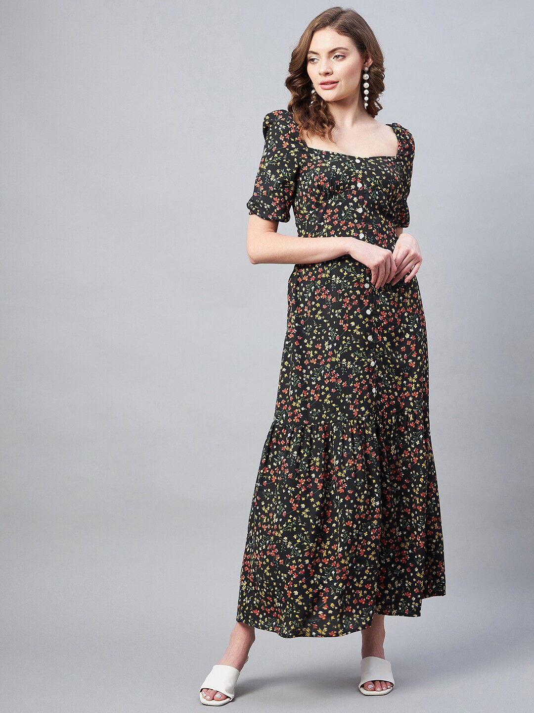 StyleStone Black & Yellow Floral Empire Maxi Dress