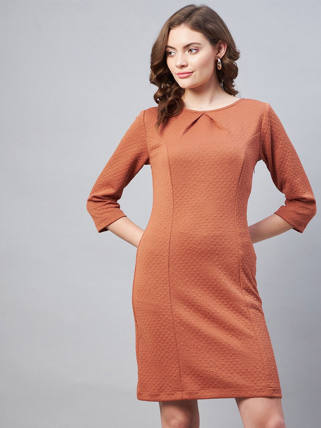 StyleStone Rust Jacquard Geometric Sheath Dress
