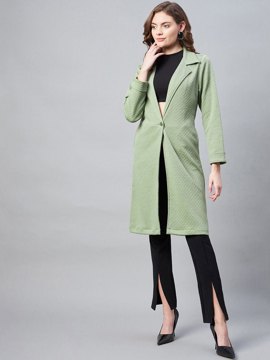StyleStone Women Olive Green Self Design OverCoat