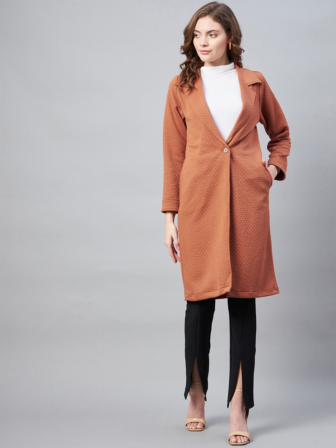 StyleStone Women Rust Brown Self Design OverCoat