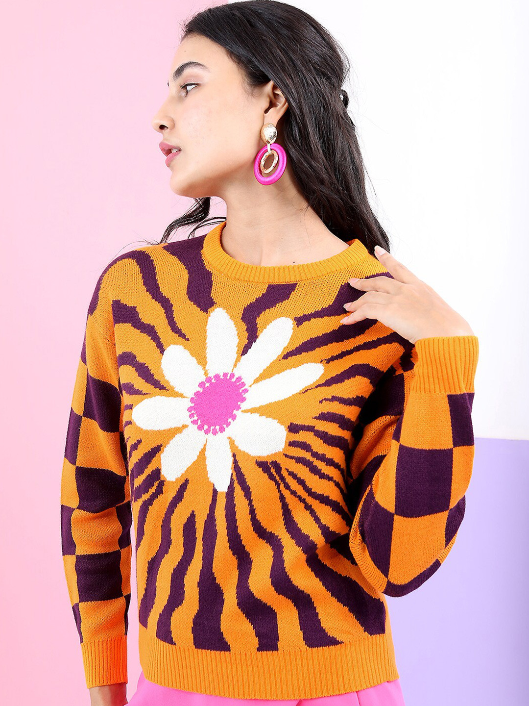 Tokyo Talkies Women Yellow & Purple Floral Jacquard Pullover Sweater