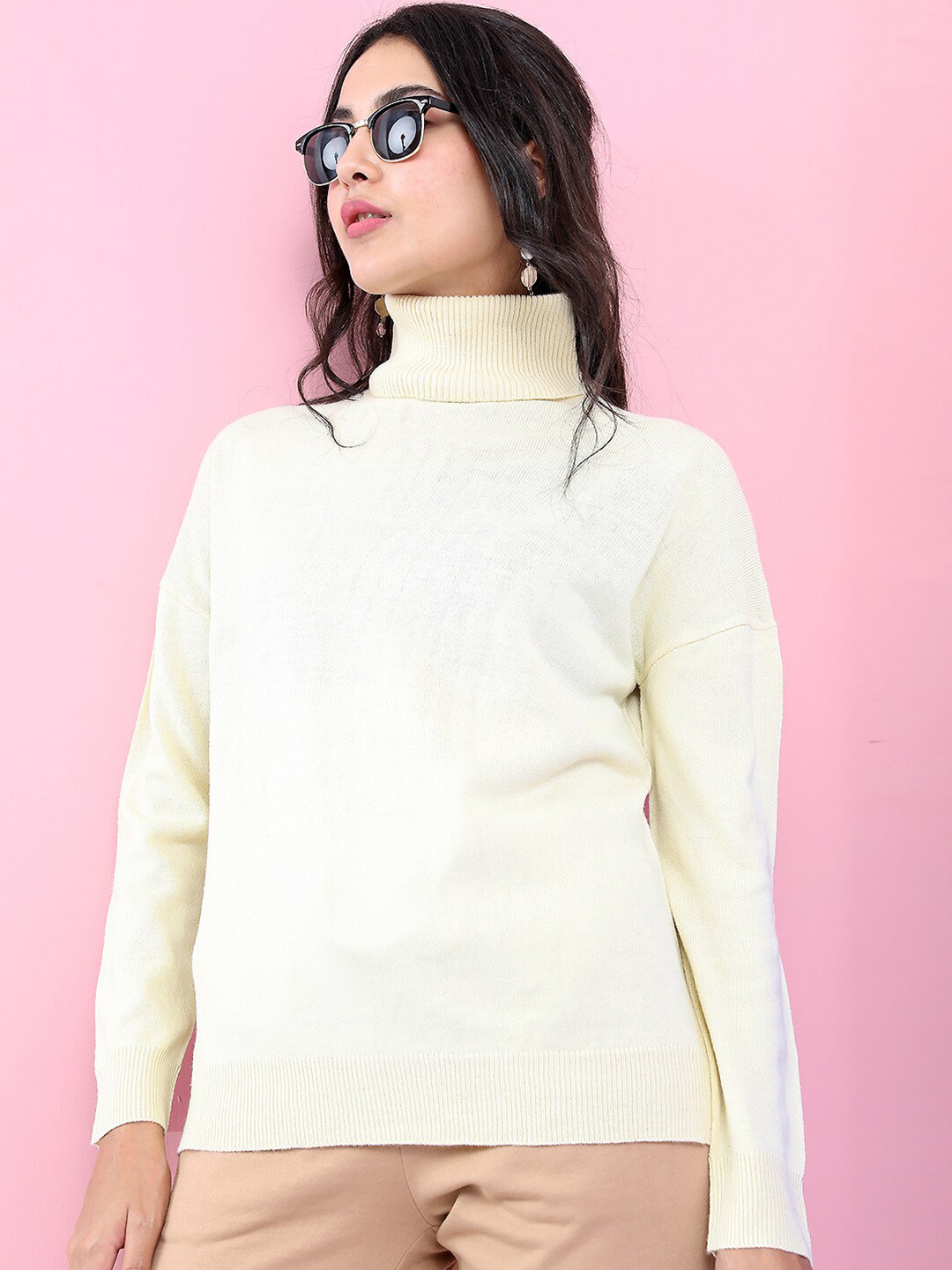 Tokyo Talkies Women Cream-Coloured Acrylic Pullover Sweater