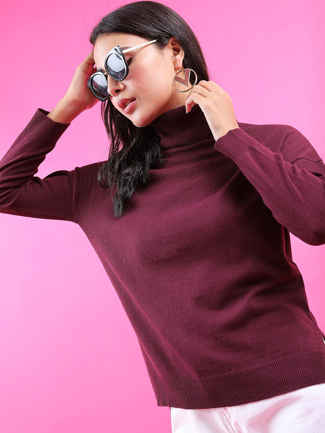 Tokyo Talkies Women Maroon Turtle Neck Acrylic Sweater