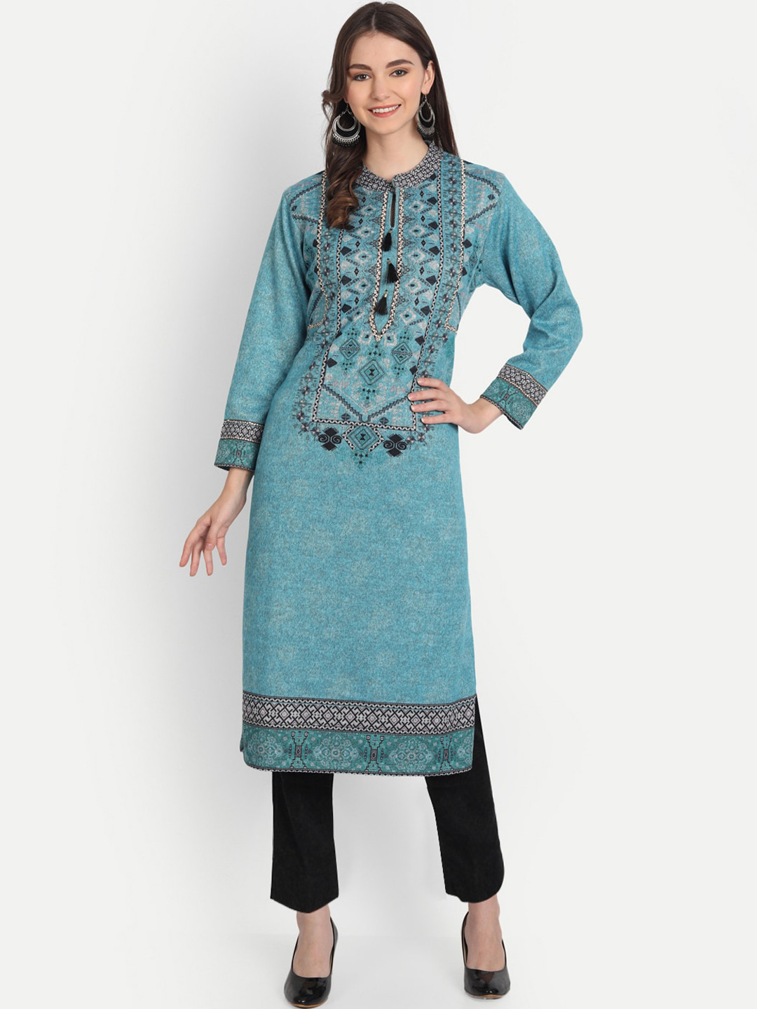 HK colours of fashion Women Turquoise Blue & Black Yoke Design Kurta with Trouser Set